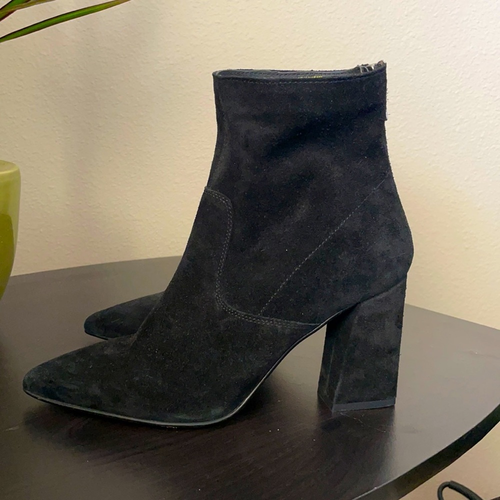 Black faux suede square block heeled 3-inch boots